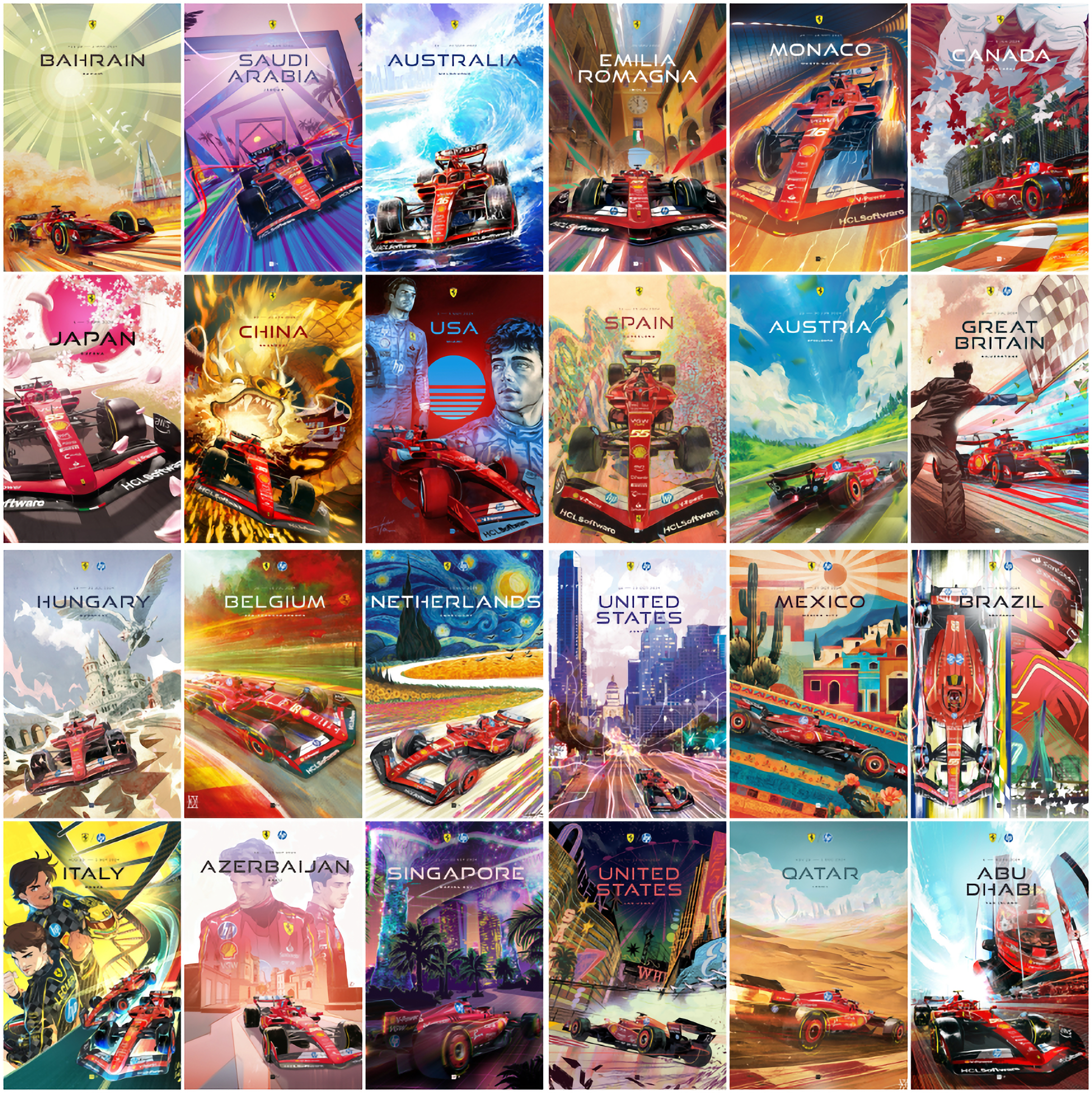 2024 Ferrari F1 Grand Prix cover art poster set — full collection